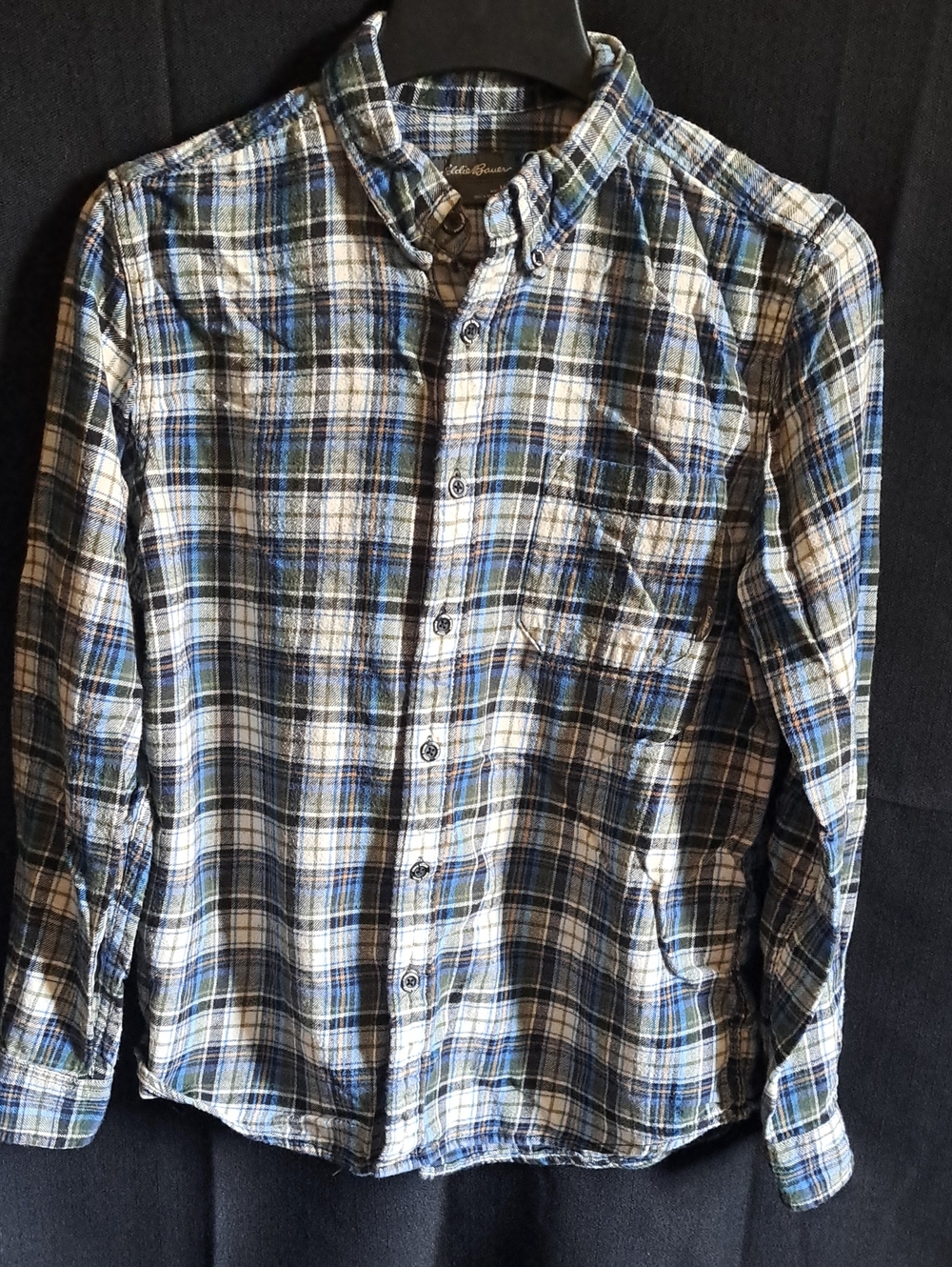 Eddie Bauer Men's Blue, Green and White Plaid Button-Up Shirt